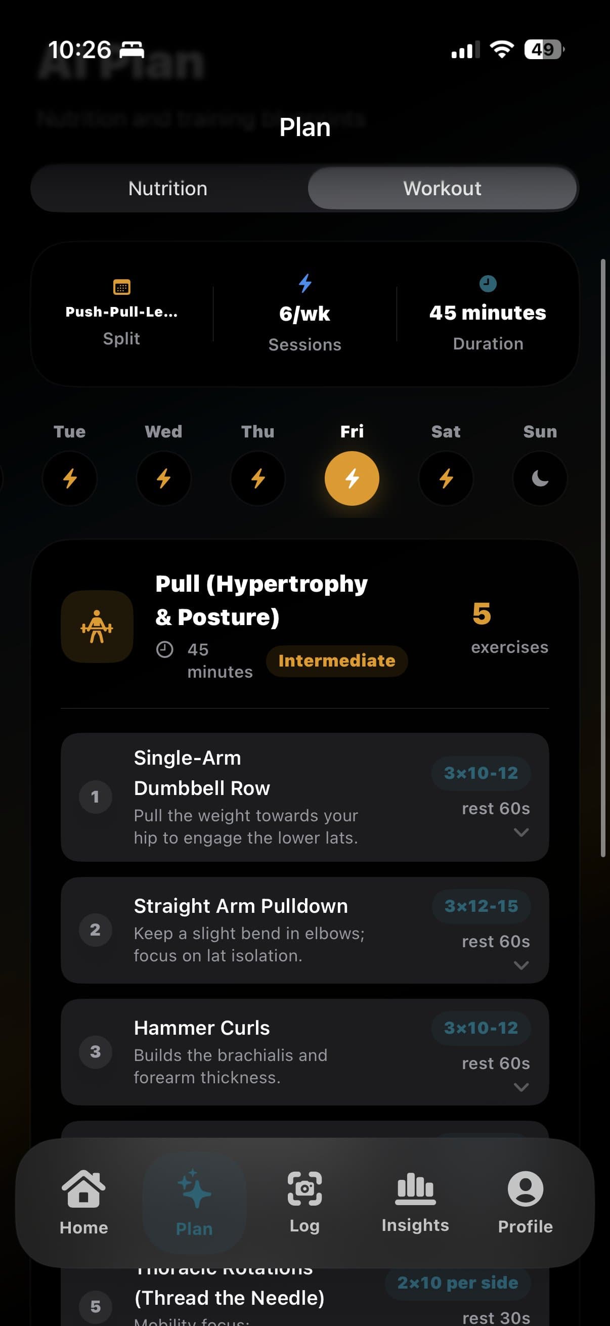 Macrova AI workout plan showing a pull session with sets, reps and rest