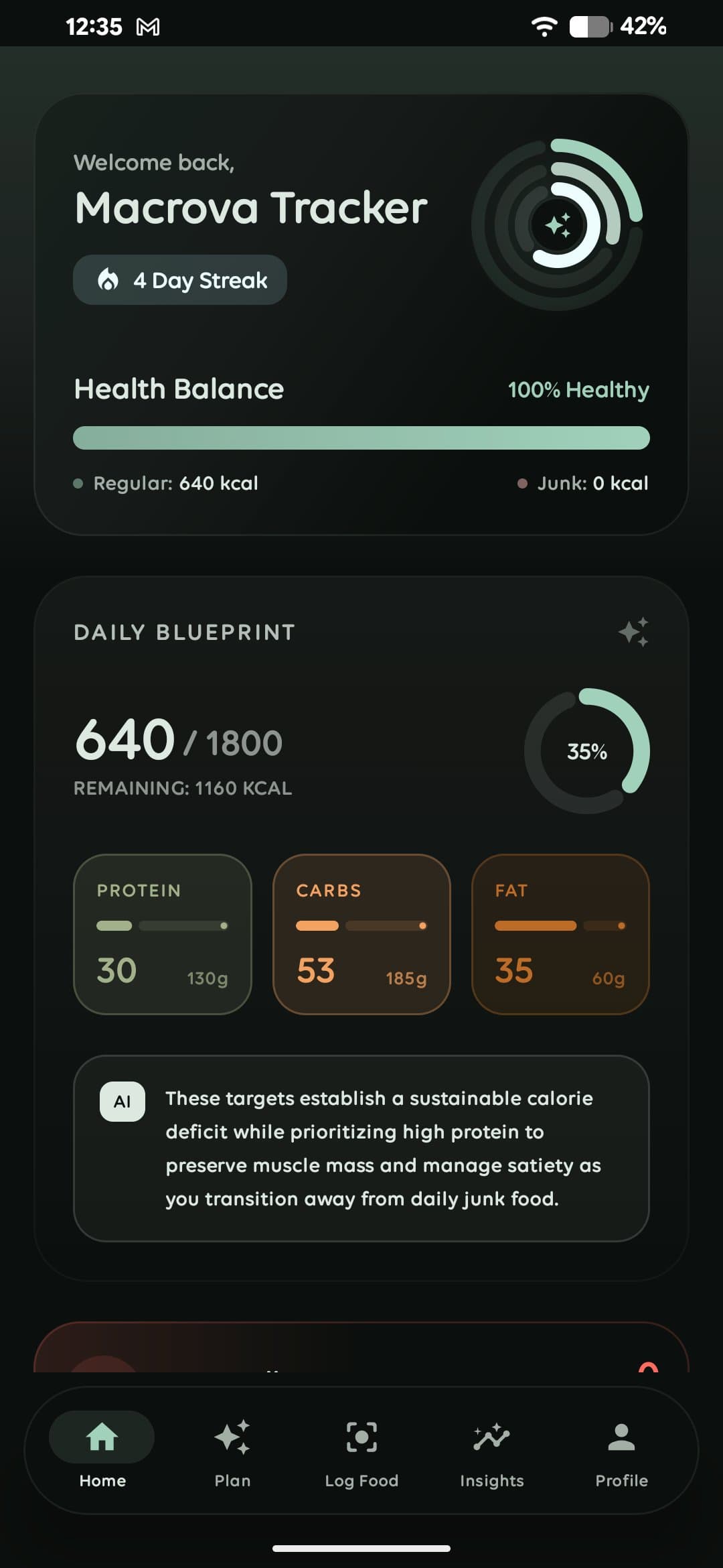 Macrova home screen showing daily calorie and macro targets with an AI explanation