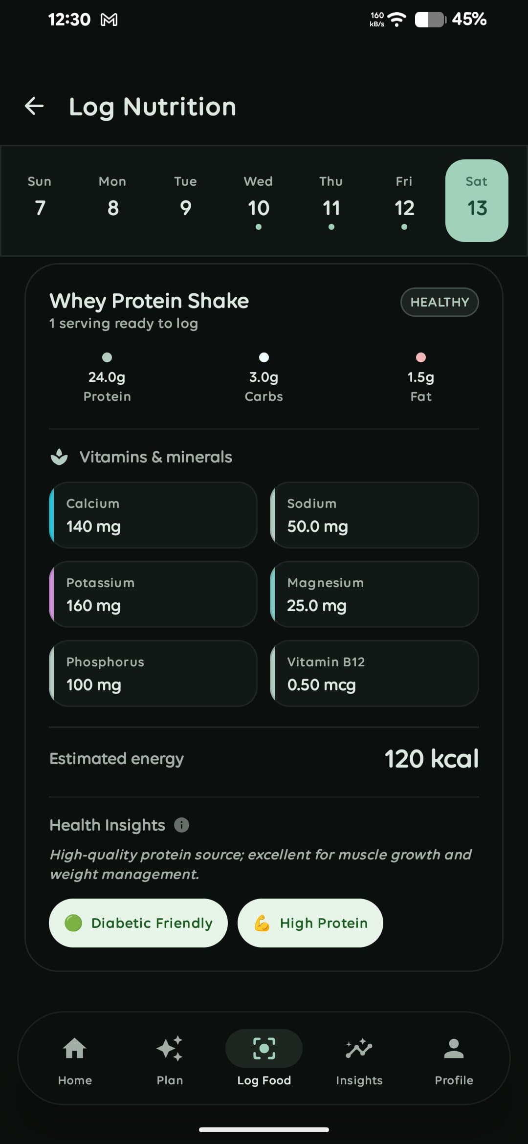 Macrova nutrition breakdown for a whey protein shake including vitamins and minerals