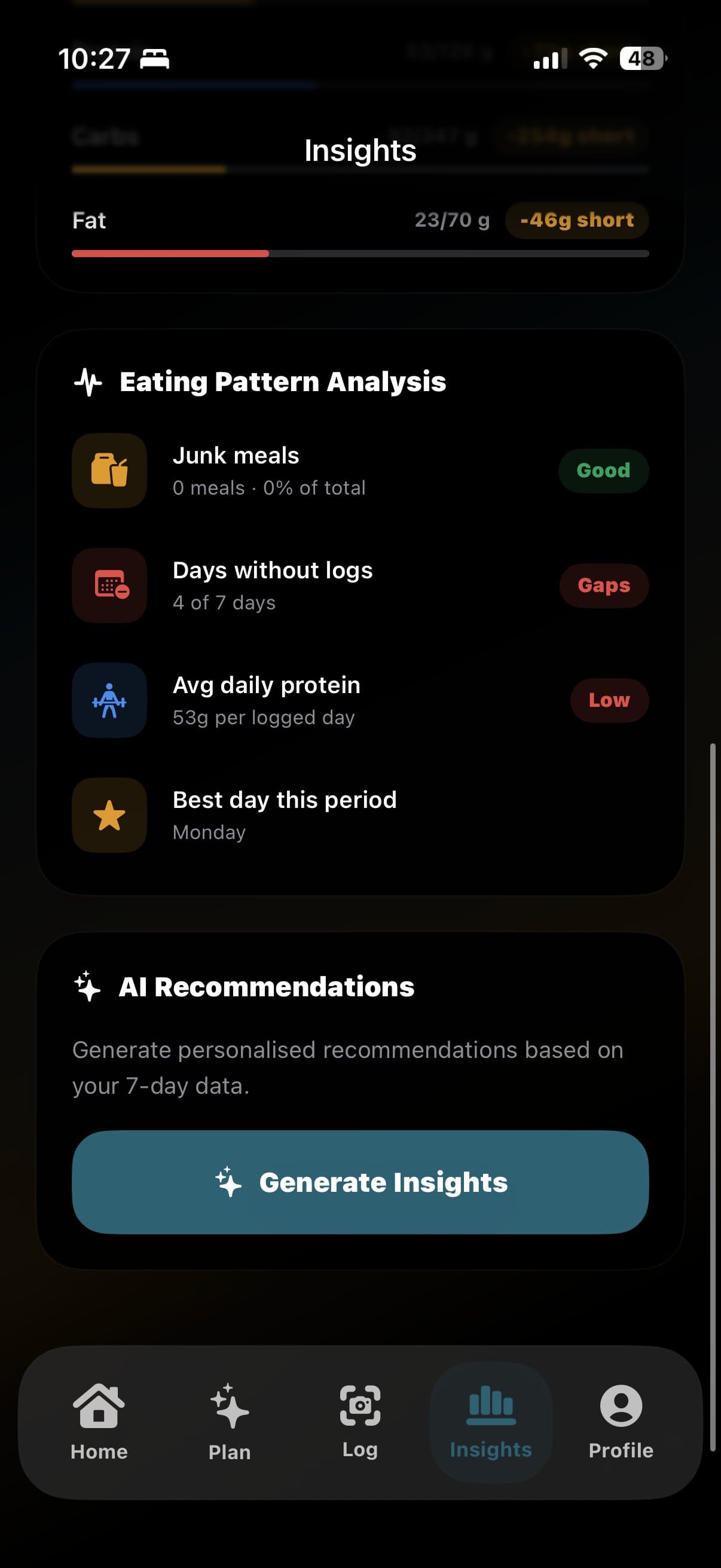 Macrova insights screen showing eating pattern analysis and AI recommendations