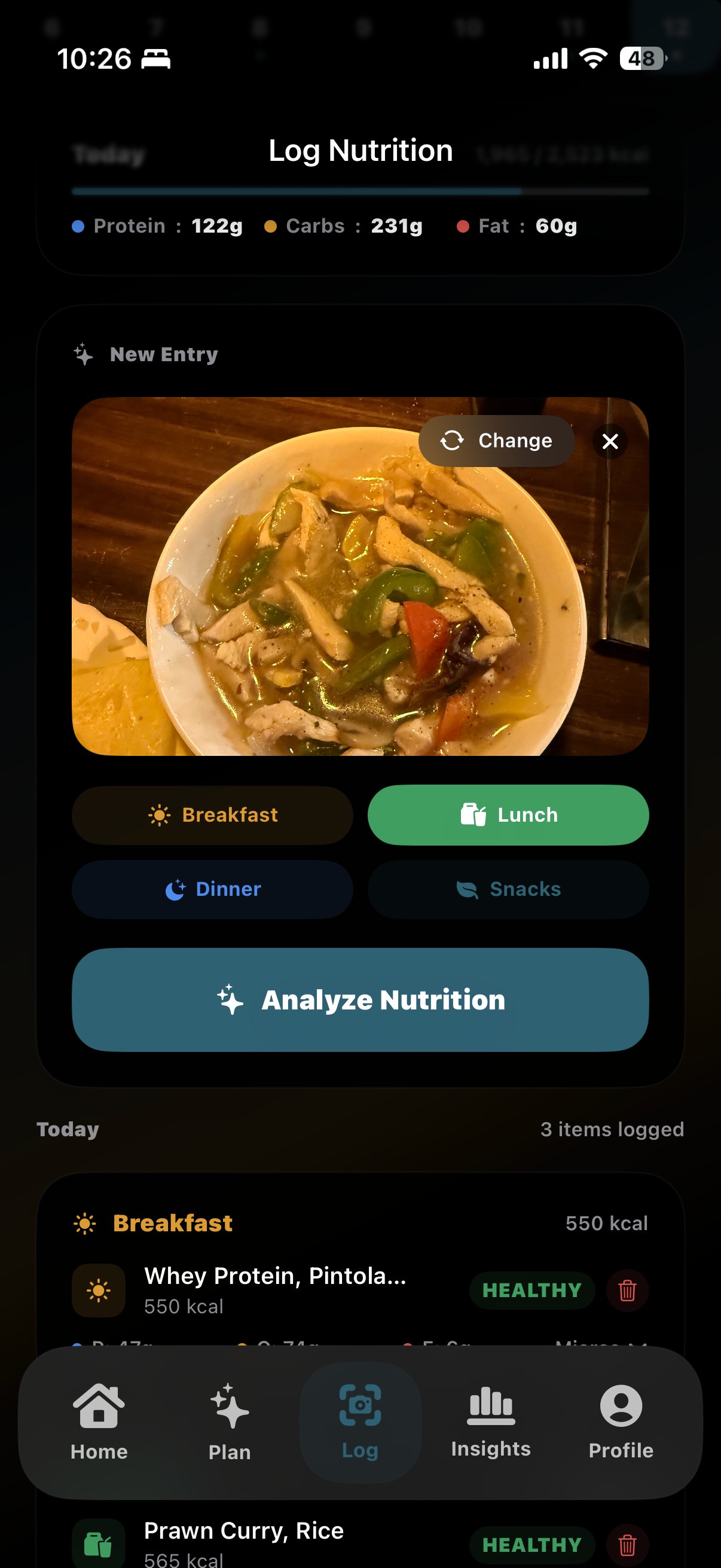 Macrova analyzing a photo of a meal to log its nutrition