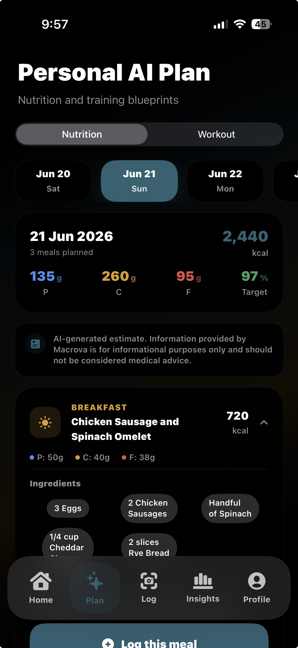 AI-generated weekly meal plan in Macrova